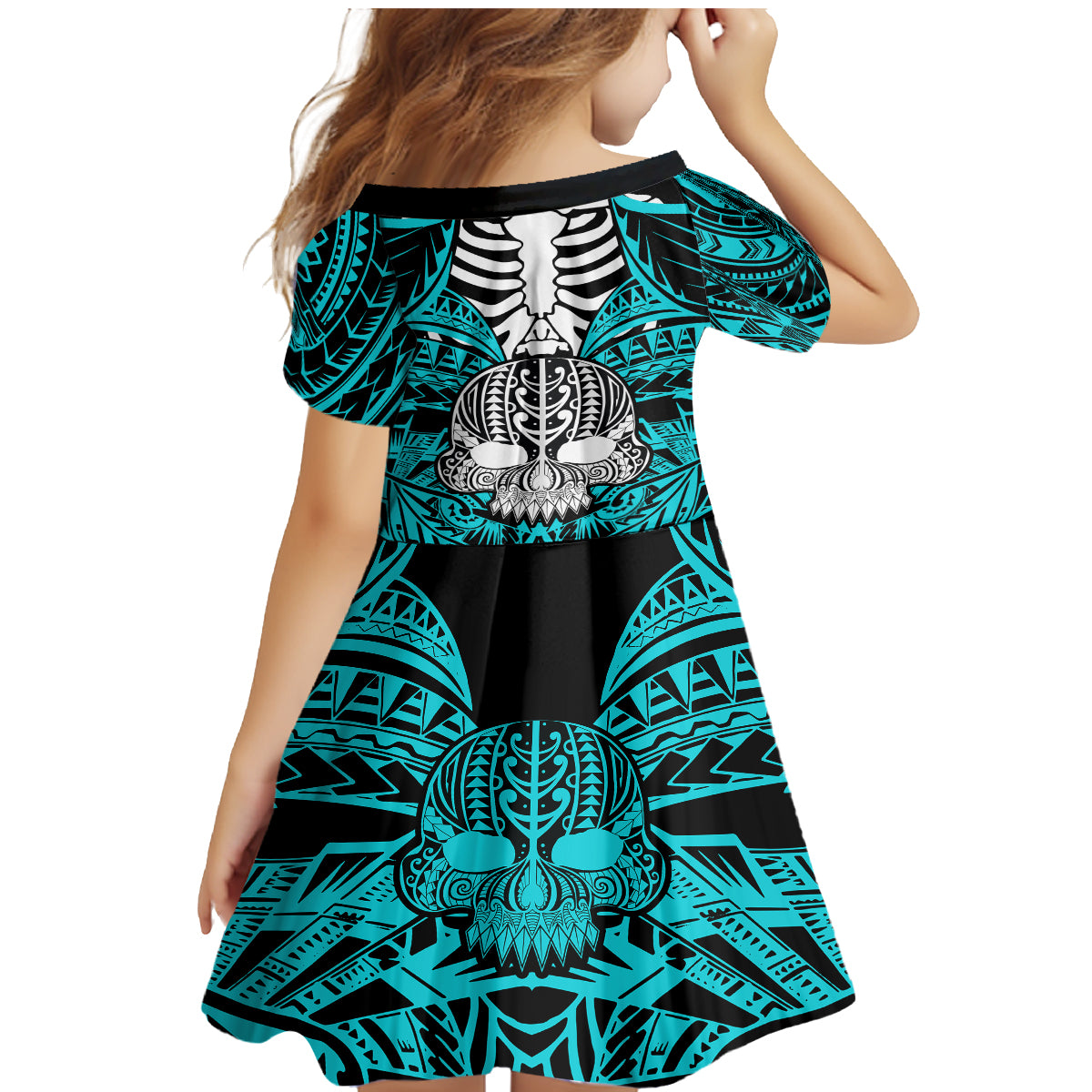 Personalised Polynesia Skull Family Matching Mermaid Dress and Hawaiian Shirt With Boars Tusk Aqua Arty Vibe LT9 - Wonder Print Shop