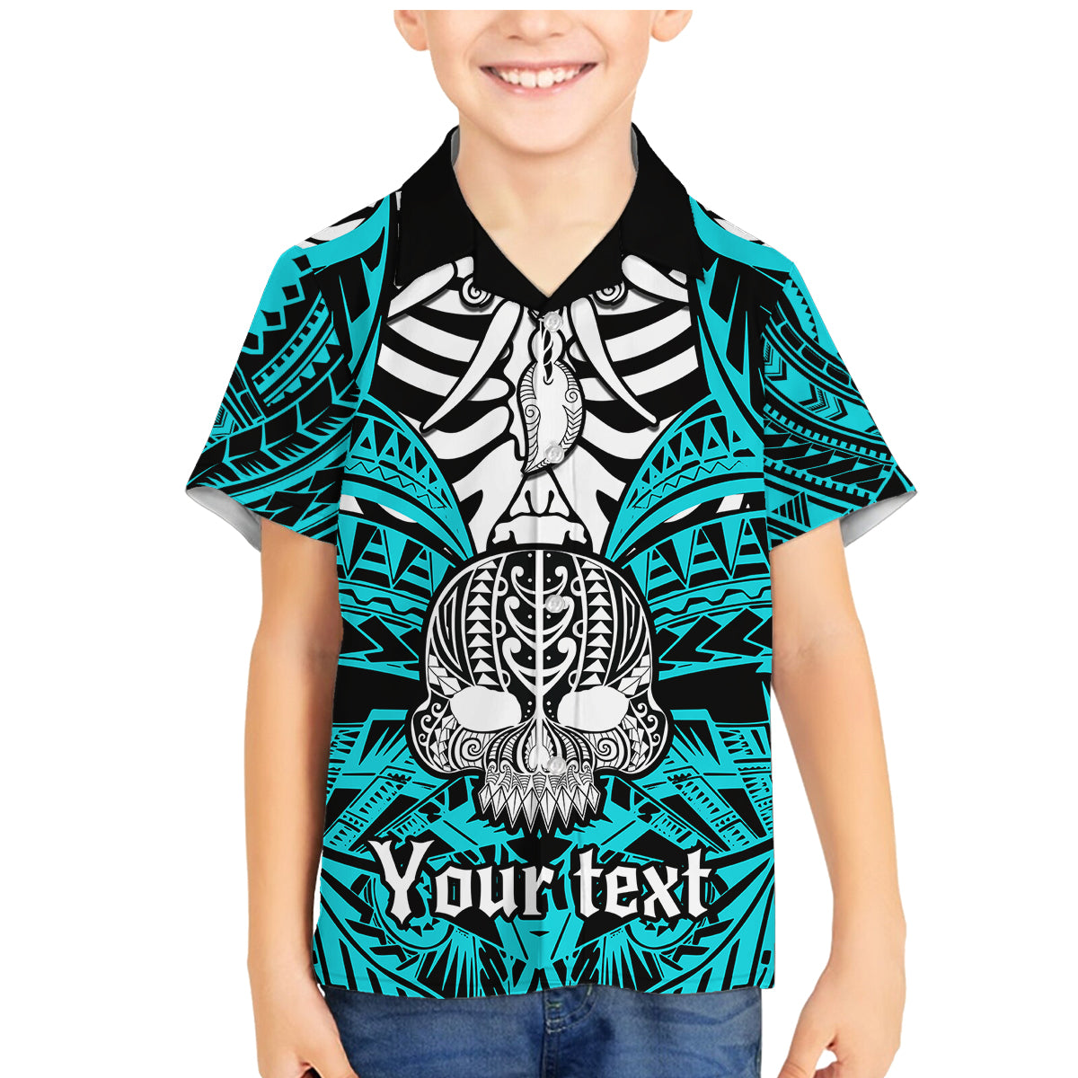 Personalised Polynesia Skull Family Matching Mermaid Dress and Hawaiian Shirt With Boars Tusk Aqua Arty Vibe LT9 - Wonder Print Shop