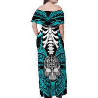 Personalised Polynesia Skull Family Matching Off Shoulder Maxi Dress and Hawaiian Shirt With Boars Tusk Aqua Arty Vibe LT9 - Wonder Print Shop