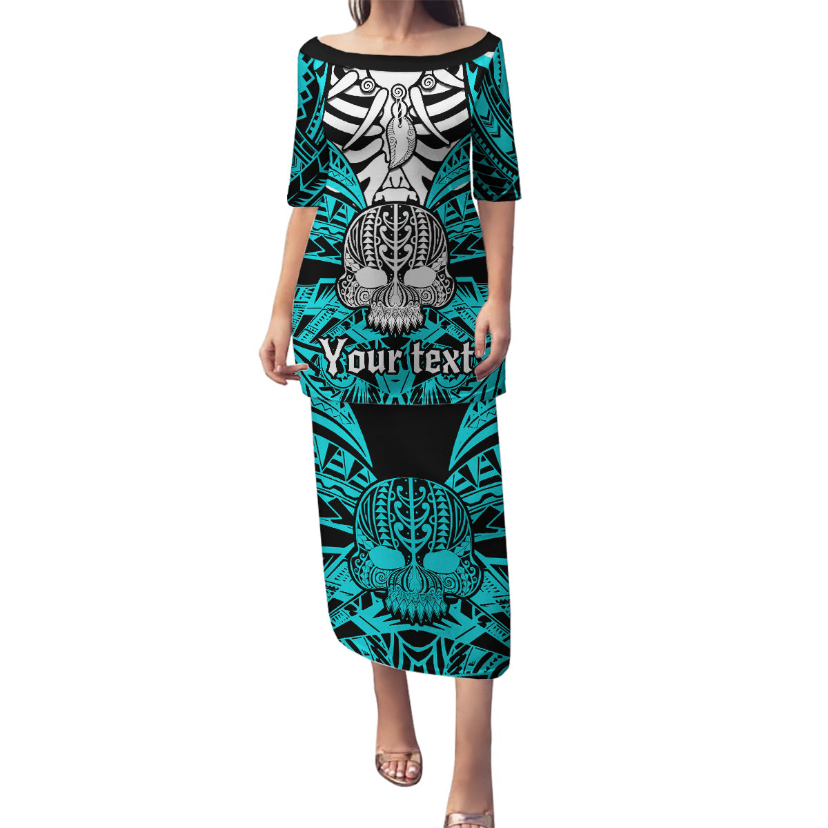Personalised Polynesia Skull Family Matching Puletasi Dress and Hawaiian Shirt With Boars Tusk Aqua Arty Vibe - Wonder Print Shop