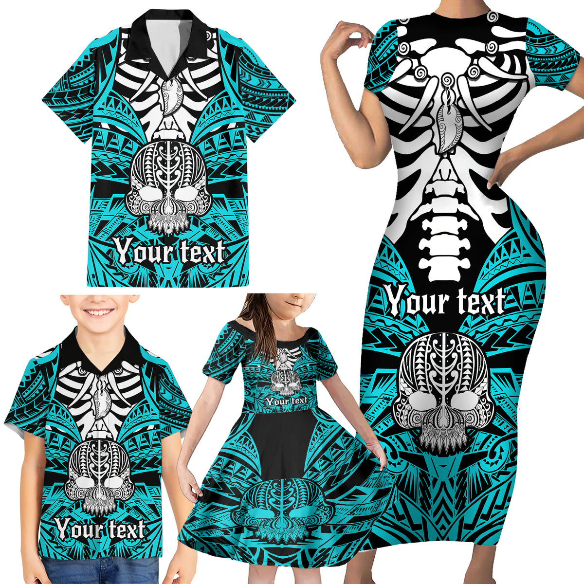 Personalised Polynesia Skull Family Matching Short Sleeve Bodycon Dress and Hawaiian Shirt With Boars Tusk Aqua Arty Vibe - Wonder Print Shop
