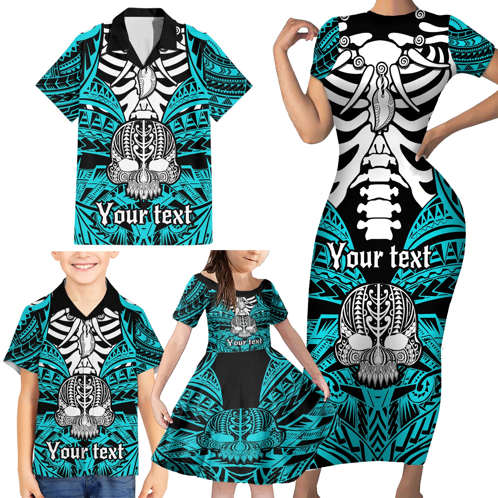 Personalised Polynesia Skull Family Matching Short Sleeve Bodycon Dress and Hawaiian Shirt With Boars Tusk Aqua Arty Vibe - Wonder Print Shop