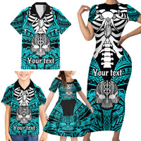 Personalised Polynesia Skull Family Matching Short Sleeve Bodycon Dress and Hawaiian Shirt With Boars Tusk Aqua Arty Vibe - Wonder Print Shop