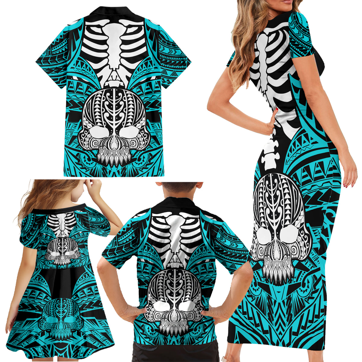 Personalised Polynesia Skull Family Matching Short Sleeve Bodycon Dress and Hawaiian Shirt With Boars Tusk Aqua Arty Vibe - Wonder Print Shop
