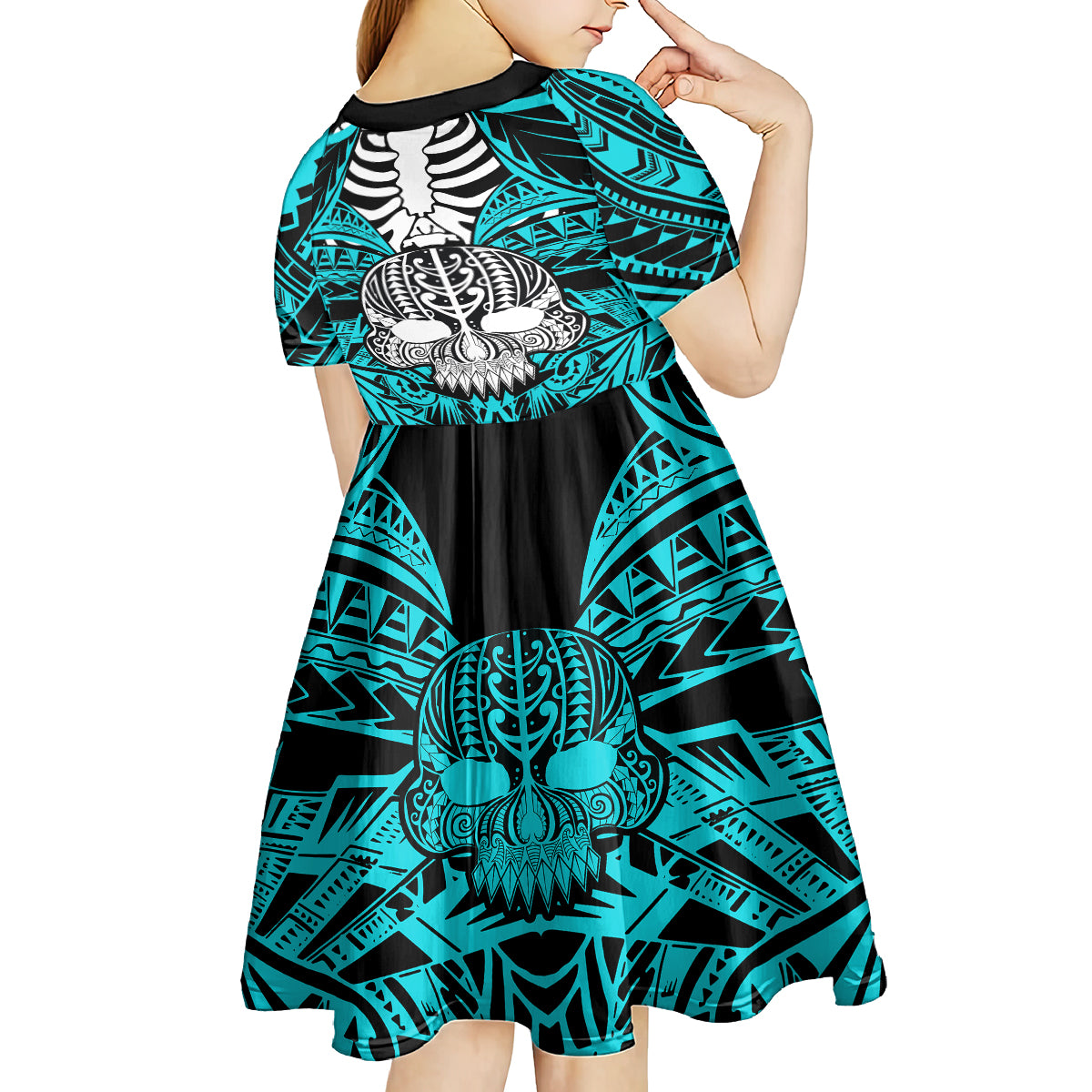 Personalised Polynesia Skull Kid Short Sleeve Dress With Boars Tusk Aqua Arty Vibe - Wonder Print Shop