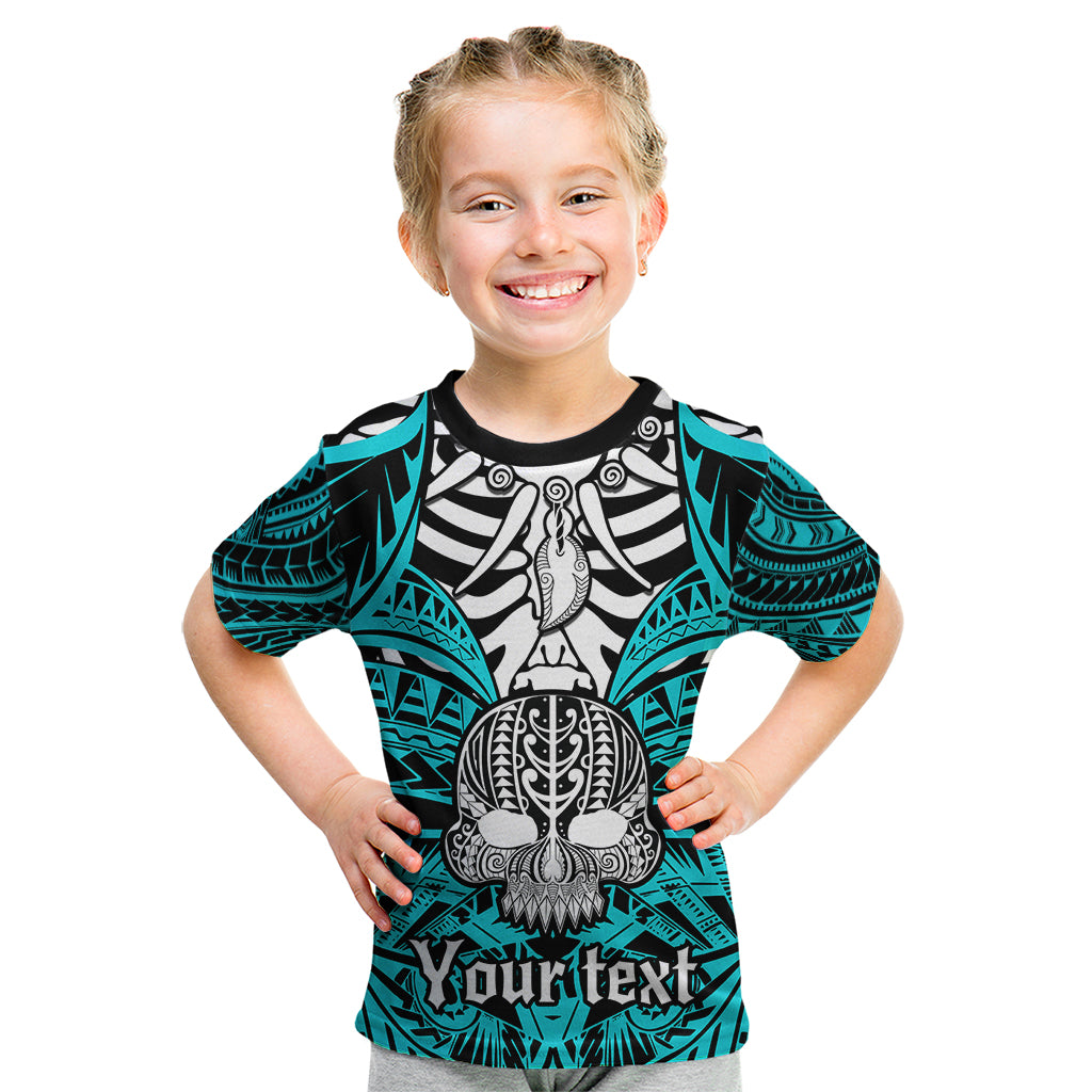 Personalised Polynesia Skull Kid T Shirt With Boars Tusk Aqua Arty Vibe - Wonder Print Shop