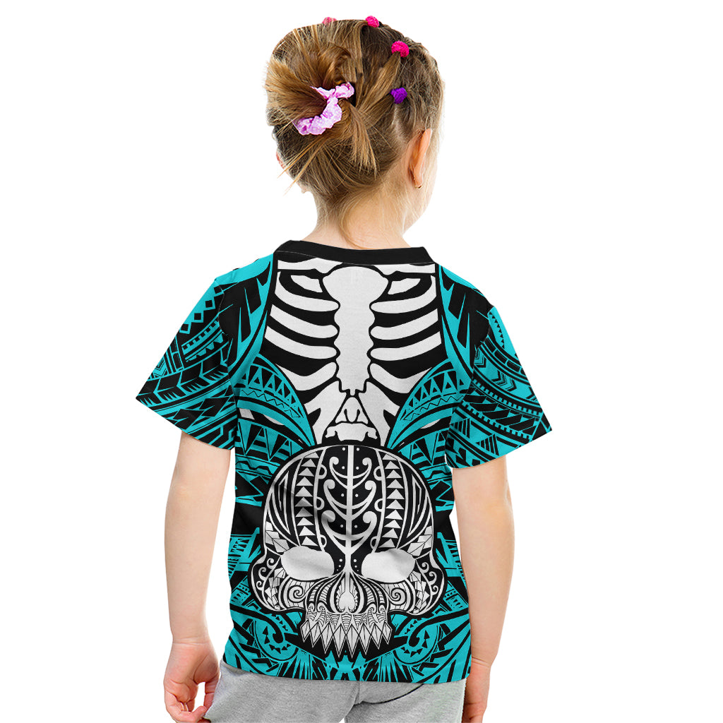 Personalised Polynesia Skull Kid T Shirt With Boars Tusk Aqua Arty Vibe - Wonder Print Shop
