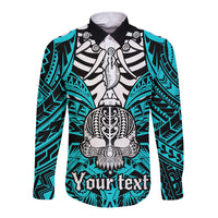 Personalised Polynesia Skull Long Sleeve Button Shirt With Boars Tusk Aqua Arty Vibe - Wonder Print Shop
