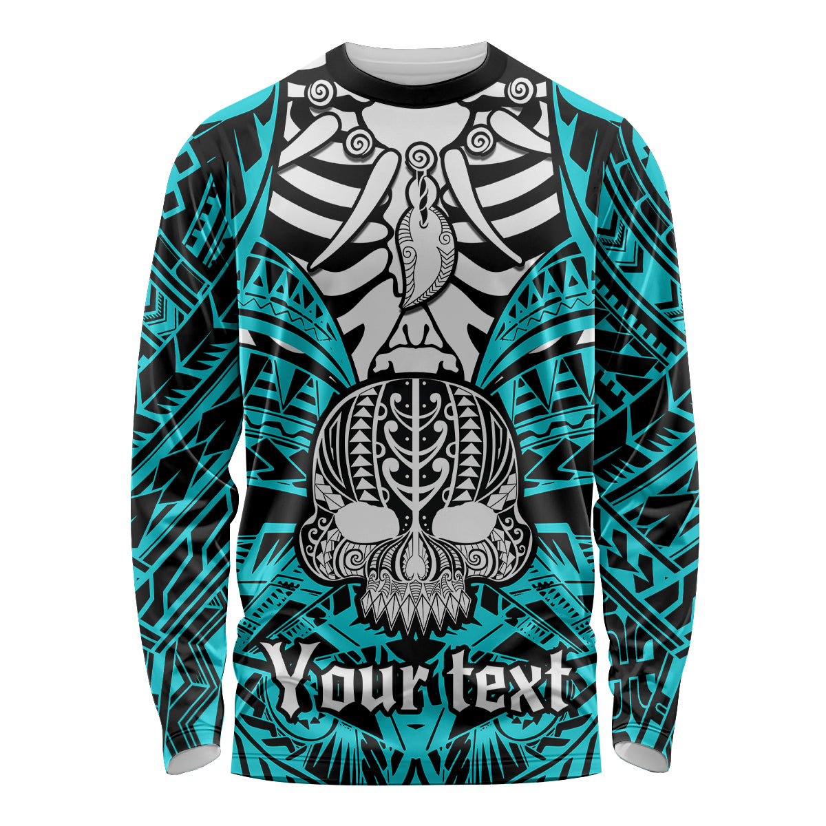 Personalised Polynesia Skull Long Sleeve Shirt With Boars Tusk Aqua Arty Vibe - Wonder Print Shop