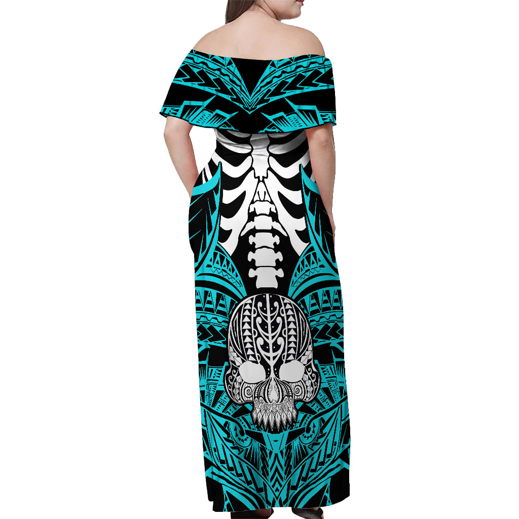 Personalised Polynesia Skull Off Shoulder Maxi Dress With Boars Tusk Aqua Arty Vibe - Wonder Print Shop