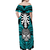 Personalised Polynesia Skull Off Shoulder Maxi Dress With Boars Tusk Aqua Arty Vibe - Wonder Print Shop