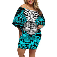 Personalised Polynesia Skull Off Shoulder Short Dress With Boars Tusk Aqua Arty Vibe - Wonder Print Shop