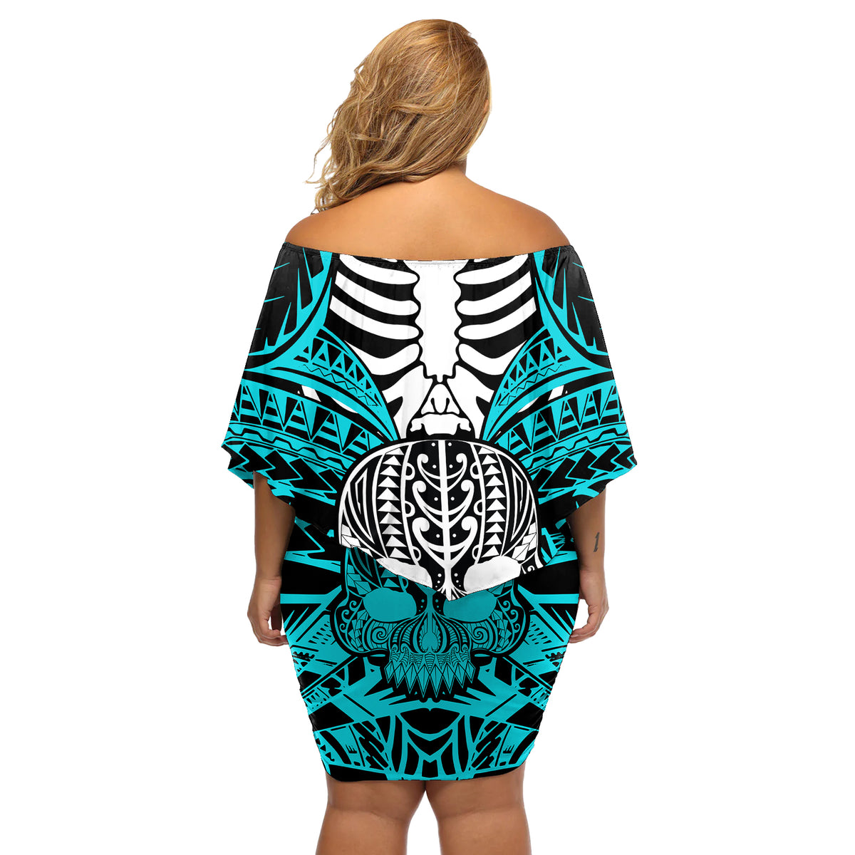 Personalised Polynesia Skull Off Shoulder Short Dress With Boars Tusk Aqua Arty Vibe - Wonder Print Shop
