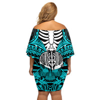 Personalised Polynesia Skull Off Shoulder Short Dress With Boars Tusk Aqua Arty Vibe - Wonder Print Shop