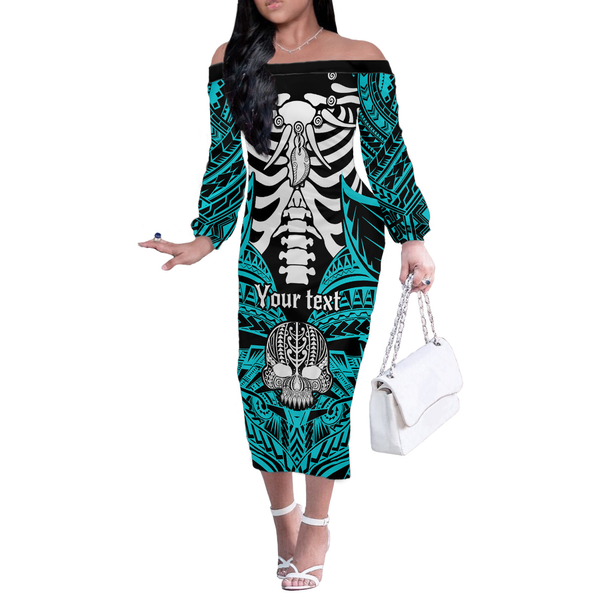 Personalised Polynesia Skull Off The Shoulder Long Sleeve Dress With Boars Tusk Aqua Arty Vibe - Wonder Print Shop