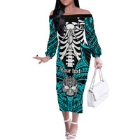 Personalised Polynesia Skull Off The Shoulder Long Sleeve Dress With Boars Tusk Aqua Arty Vibe - Wonder Print Shop