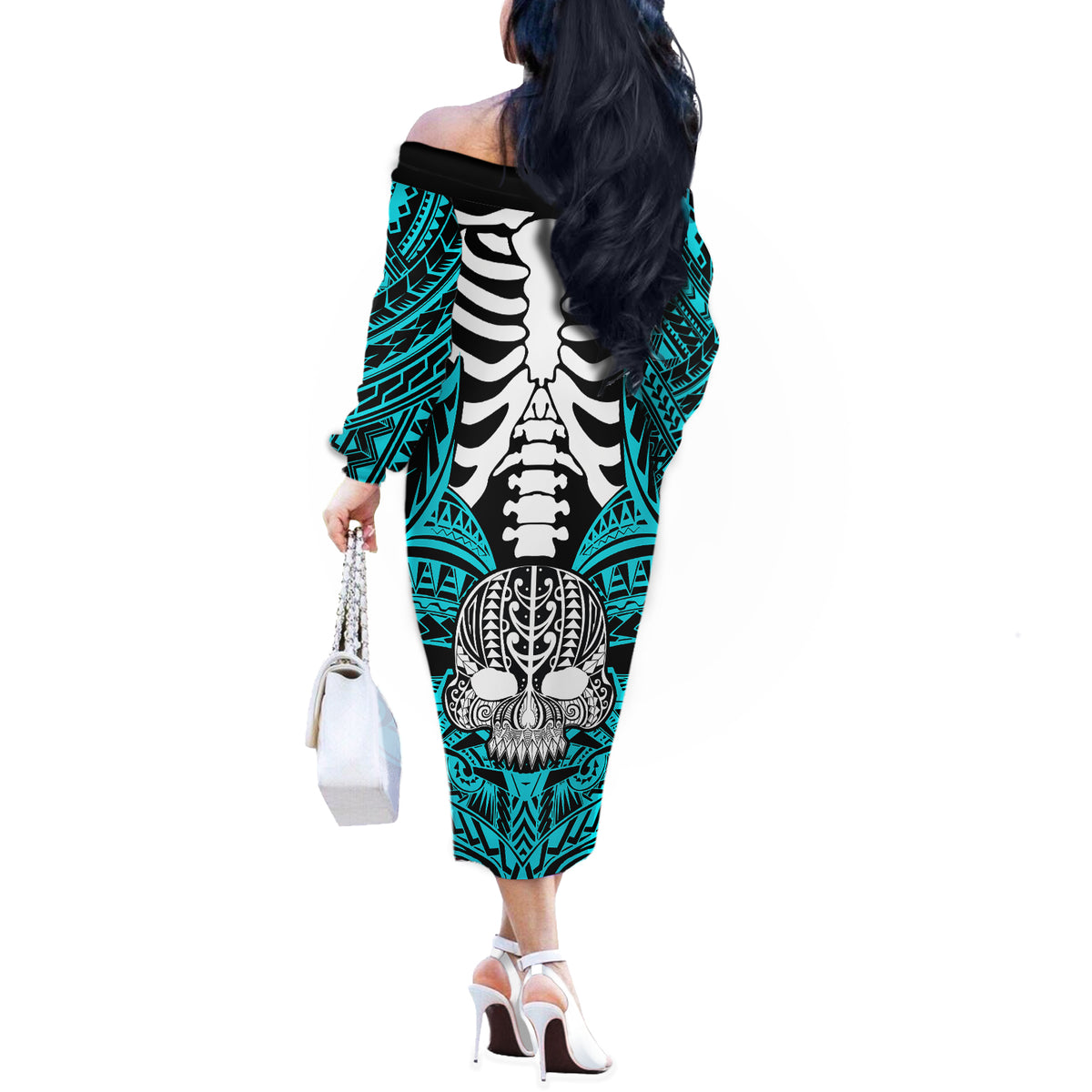Personalised Polynesia Skull Off The Shoulder Long Sleeve Dress With Boars Tusk Aqua Arty Vibe - Wonder Print Shop