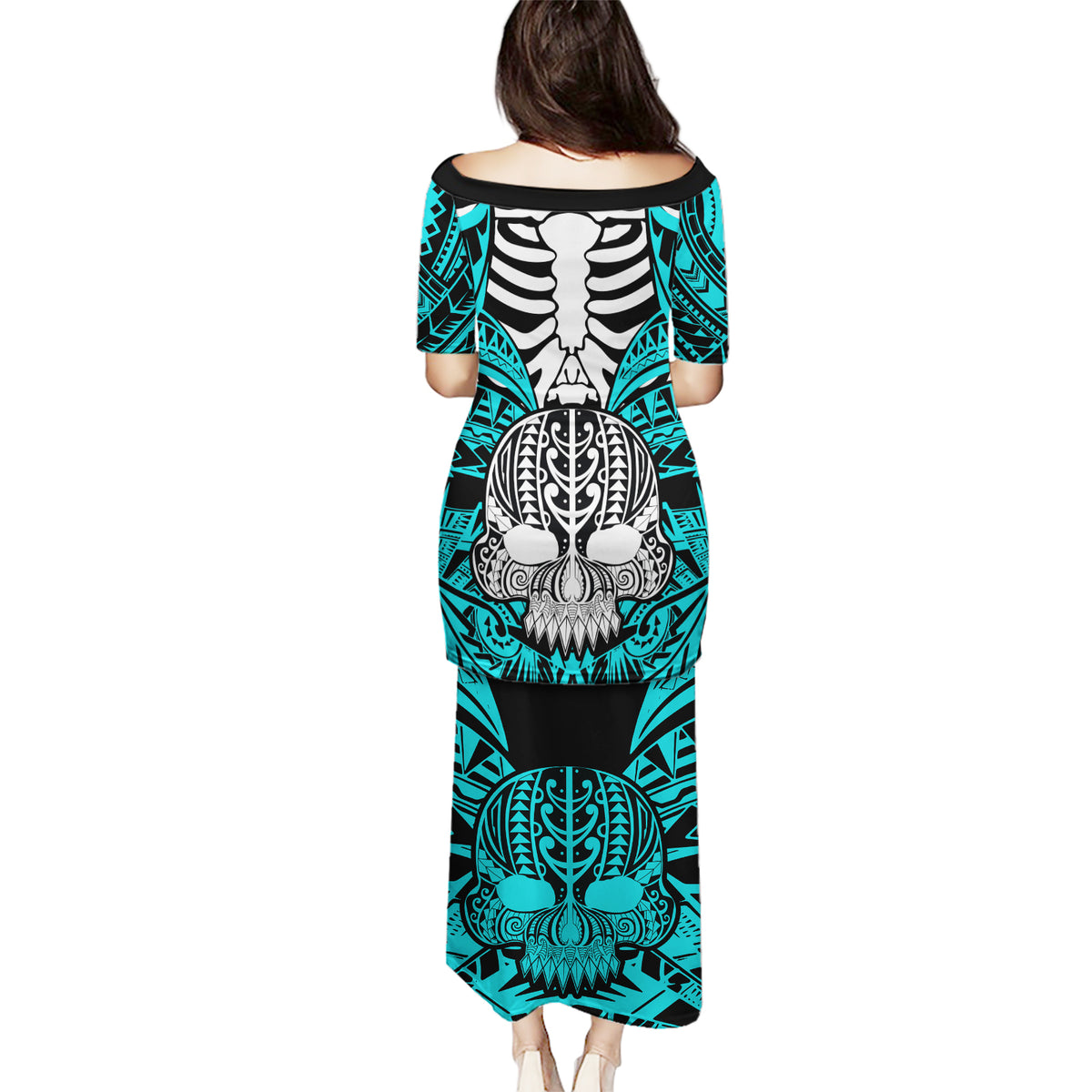 Personalised Polynesia Skull Puletasi With Boars Tusk Aqua Arty Vibe - Wonder Print Shop