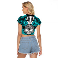 Personalised Polynesia Skull Raglan Cropped T Shirt With Boars Tusk Aqua Arty Vibe - Wonder Print Shop