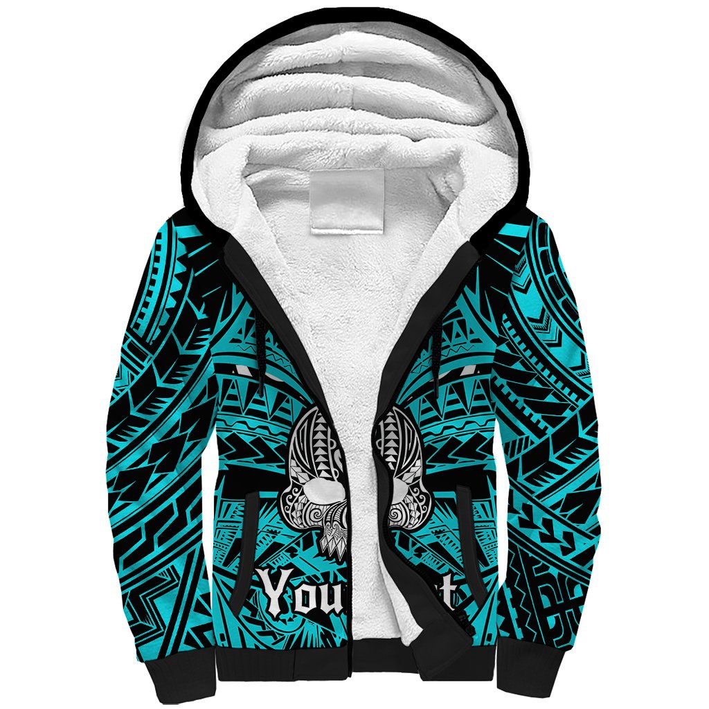 Personalised Polynesia Skull Sherpa Hoodie With Boars Tusk Aqua Arty Vibe - Wonder Print Shop