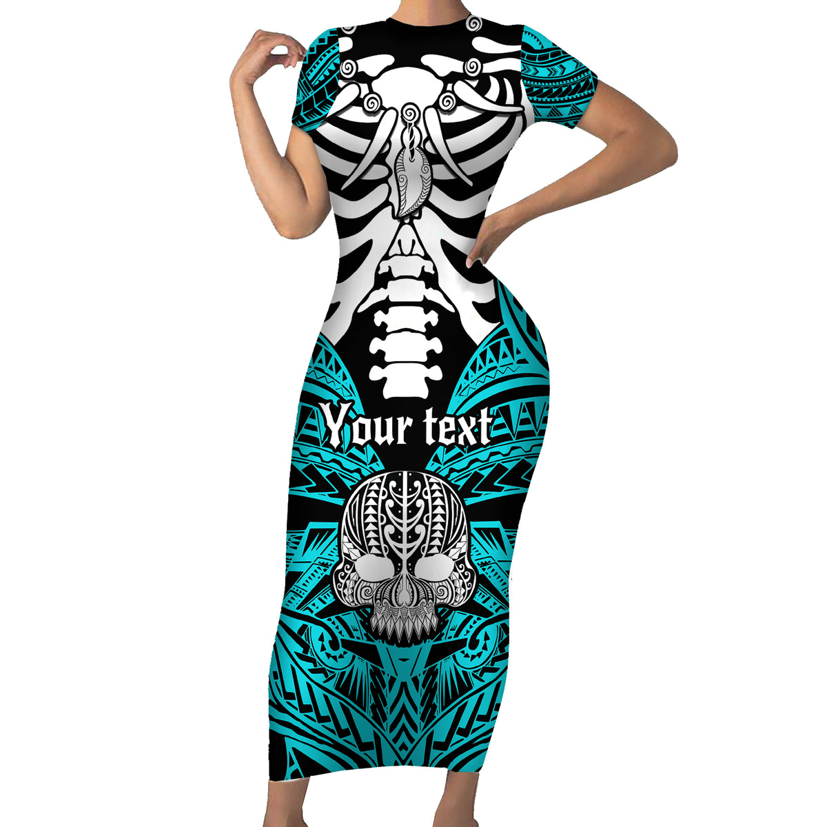 Personalised Polynesia Skull Short Sleeve Bodycon Dress With Boars Tusk Aqua Arty Vibe - Wonder Print Shop