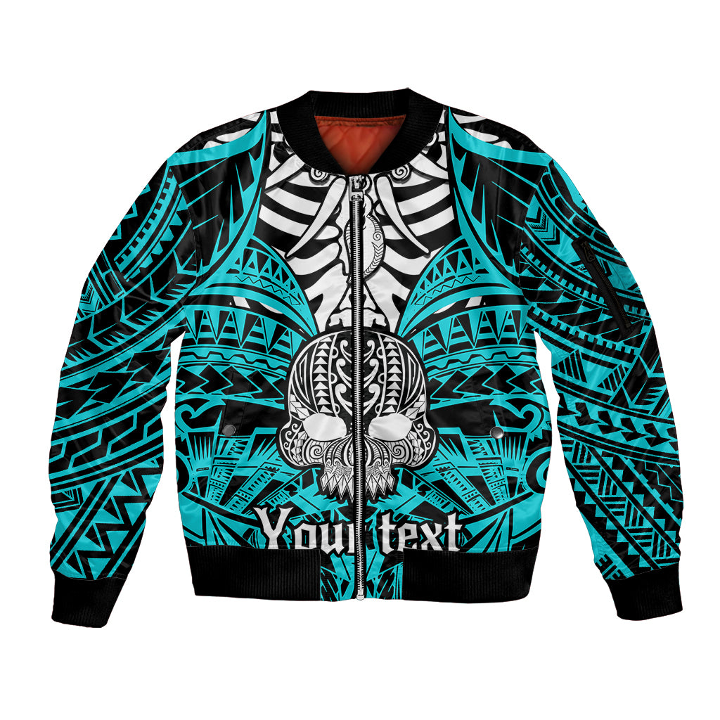 Personalised Polynesia Skull Sleeve Zip Bomber Jacket With Boars Tusk Aqua Arty Vibe - Wonder Print Shop