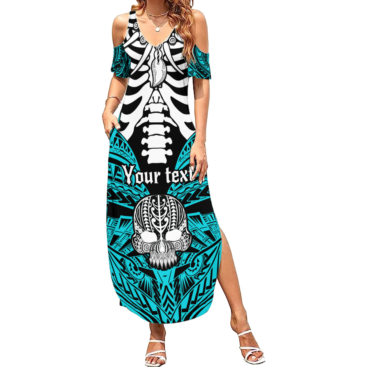 Personalised Polynesia Skull Summer Maxi Dress With Boars Tusk Aqua Arty Vibe - Wonder Print Shop