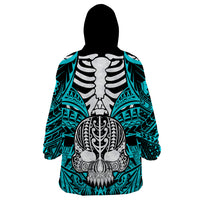 Personalised Polynesia Skull Wearable Blanket Hoodie With Boars Tusk Aqua Arty Vibe - Wonder Print Shop