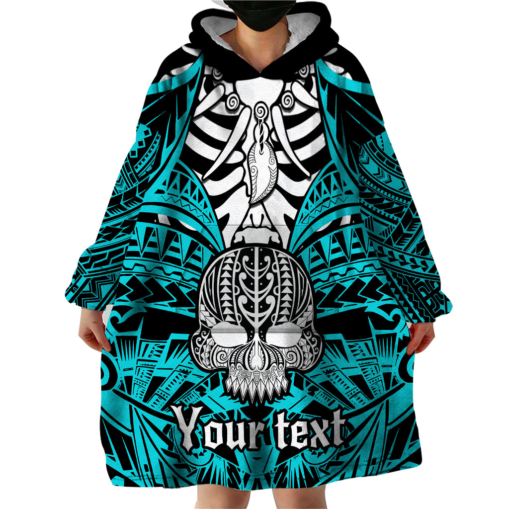Personalised Polynesia Skull Wearable Blanket Hoodie With Boars Tusk Aqua Arty Vibe - Wonder Print Shop