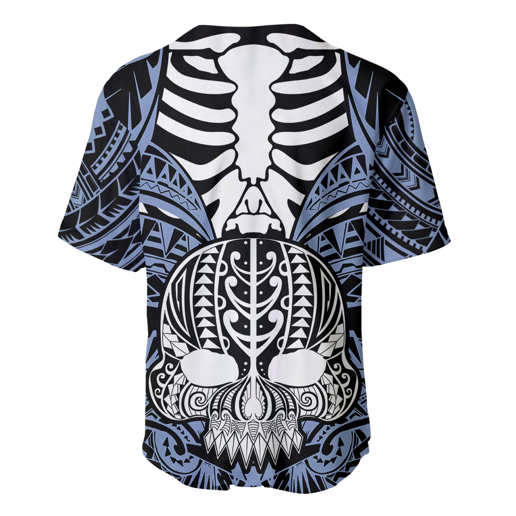 Personalised Polynesia Skull Baseball Jersey With Boars Tusk Blue Arty Vibe LT9 - Wonder Print Shop