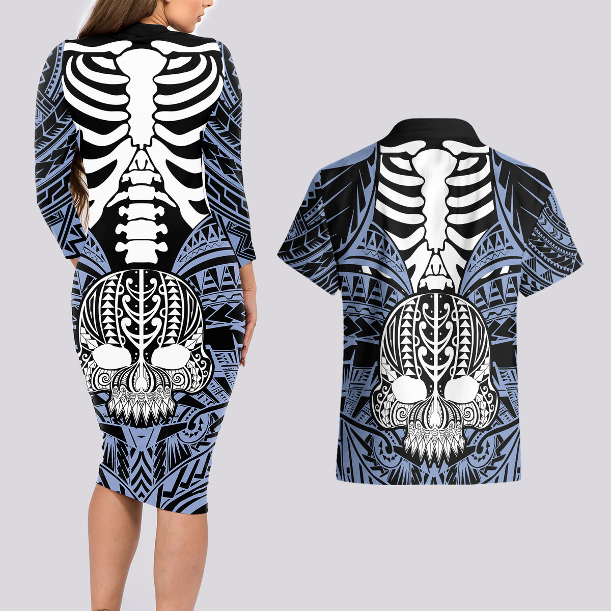 Personalised Polynesia Skull Couples Matching Long Sleeve Bodycon Dress and Hawaiian Shirt With Boars Tusk Blue Arty Vibe LT9 - Wonder Print Shop