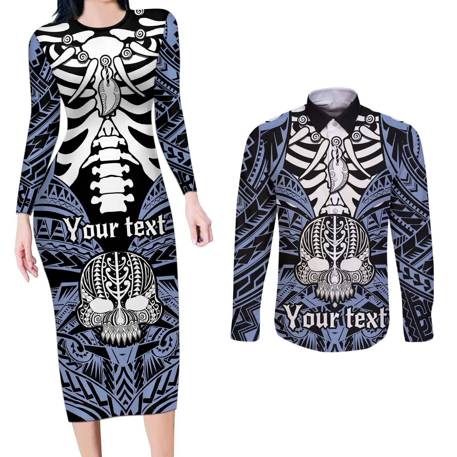 Personalised Polynesia Skull Couples Matching Long Sleeve Bodycon Dress and Long Sleeve Button Shirts With Boars Tusk Blue Arty Vibe LT9 - Wonder Print Shop