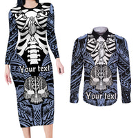 Personalised Polynesia Skull Couples Matching Long Sleeve Bodycon Dress and Long Sleeve Button Shirts With Boars Tusk Blue Arty Vibe LT9 - Wonder Print Shop