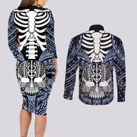 Personalised Polynesia Skull Couples Matching Long Sleeve Bodycon Dress and Long Sleeve Button Shirts With Boars Tusk Blue Arty Vibe LT9 - Wonder Print Shop