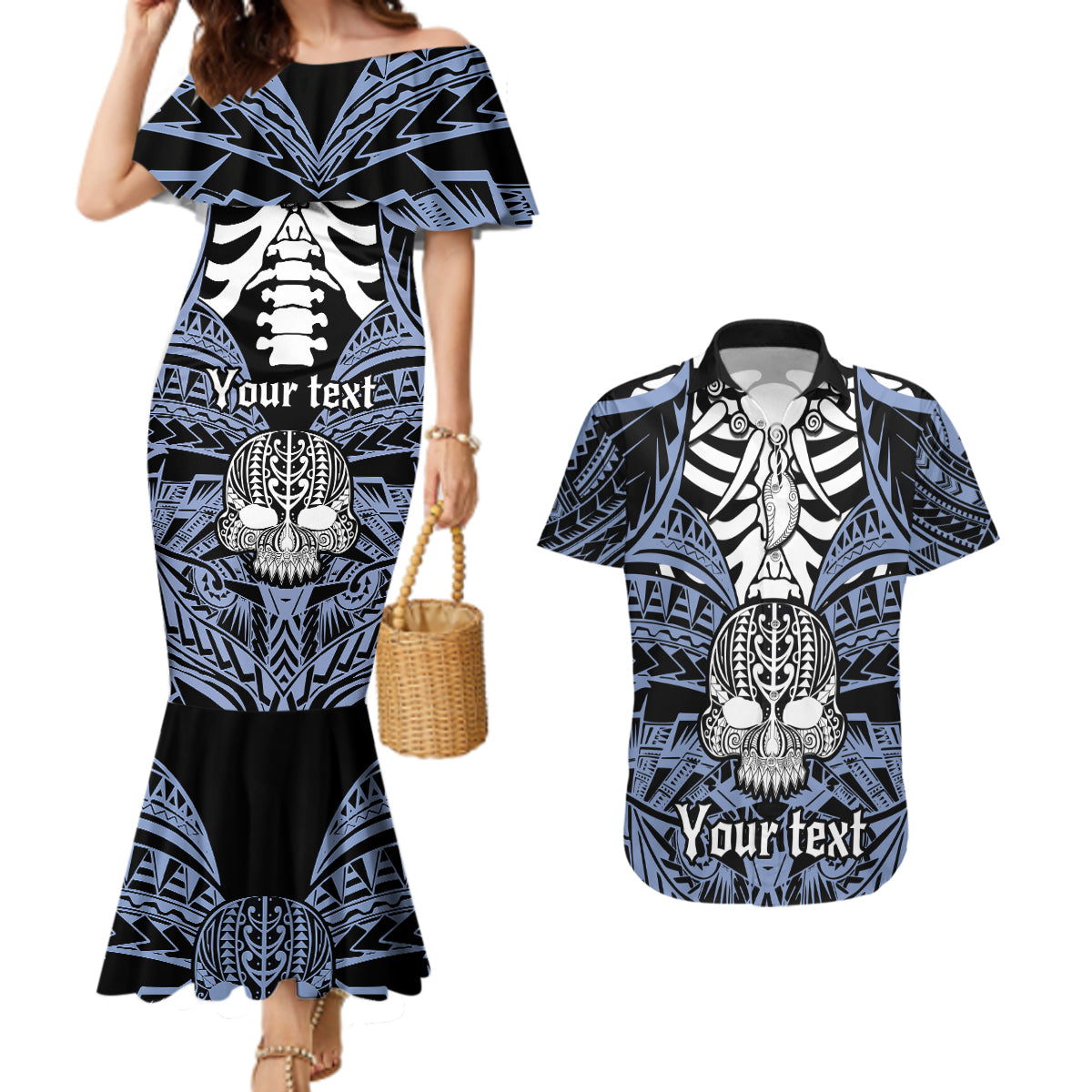 Personalised Polynesia Skull Couples Matching Mermaid Dress and Hawaiian Shirt With Boars Tusk Blue Arty Vibe LT9 - Wonder Print Shop