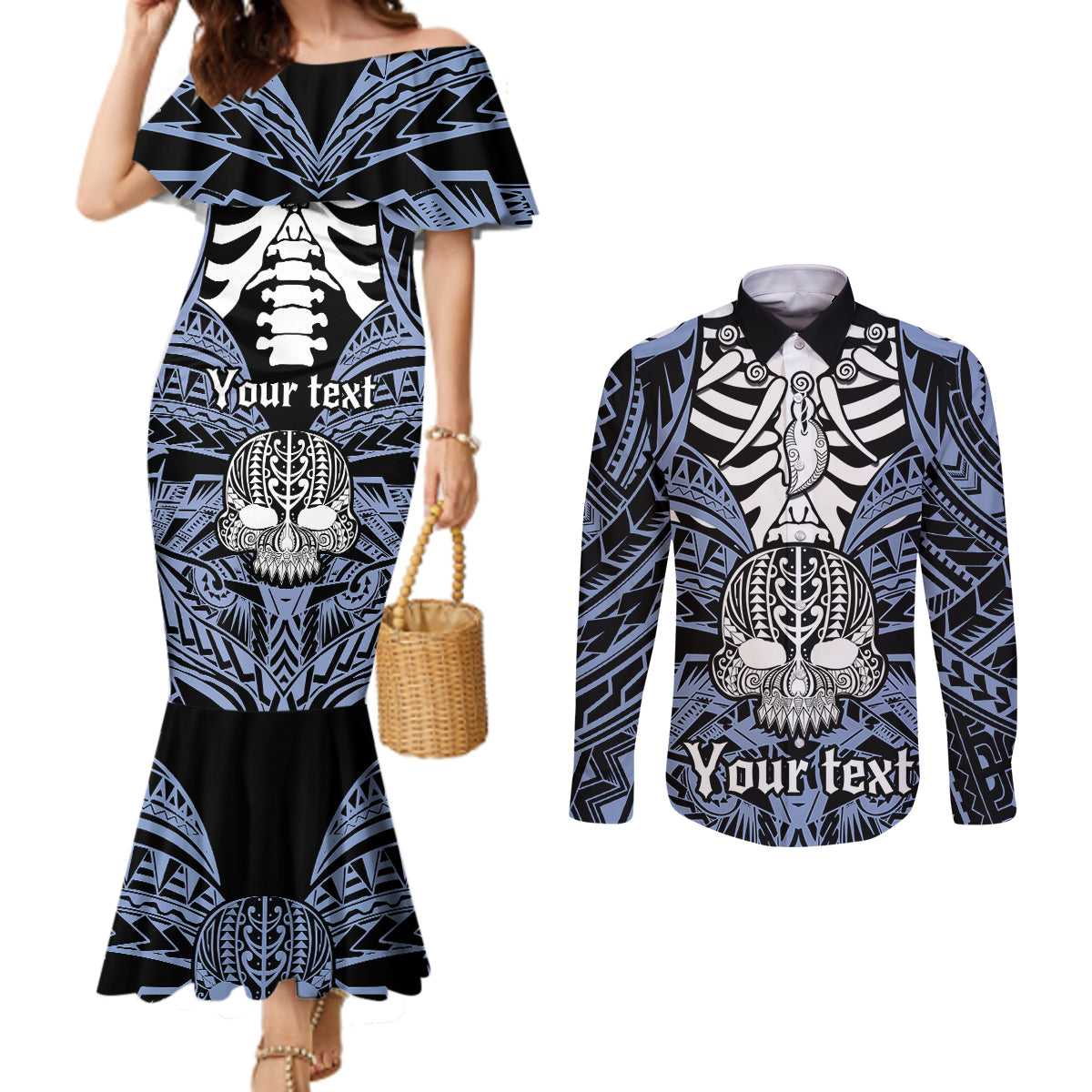 personalised-polynesia-skull-couples-matching-mermaid-dress-and-long-sleeve-button-shirts-with-boars-tusk-blue-arty-vibe