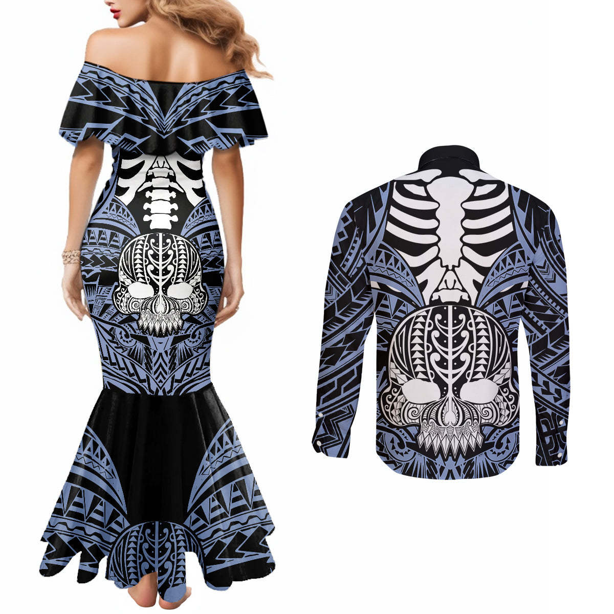 personalised-polynesia-skull-couples-matching-mermaid-dress-and-long-sleeve-button-shirts-with-boars-tusk-blue-arty-vibe
