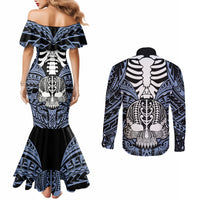 personalised-polynesia-skull-couples-matching-mermaid-dress-and-long-sleeve-button-shirts-with-boars-tusk-blue-arty-vibe