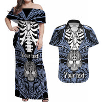 Personalised Polynesia Skull Couples Matching Off Shoulder Maxi Dress and Hawaiian Shirt With Boars Tusk Blue Arty Vibe LT9 - Wonder Print Shop