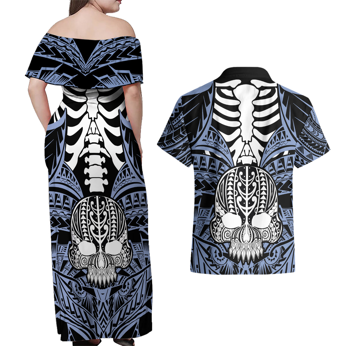 Personalised Polynesia Skull Couples Matching Off Shoulder Maxi Dress and Hawaiian Shirt With Boars Tusk Blue Arty Vibe LT9 - Wonder Print Shop