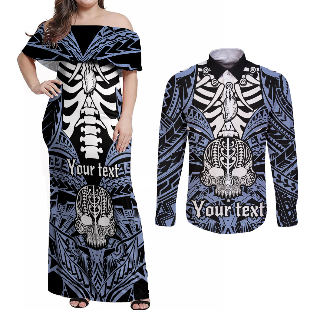 Personalised Polynesia Skull Couples Matching Off Shoulder Maxi Dress and Long Sleeve Button Shirts With Boars Tusk Blue Arty Vibe LT9 - Wonder Print Shop