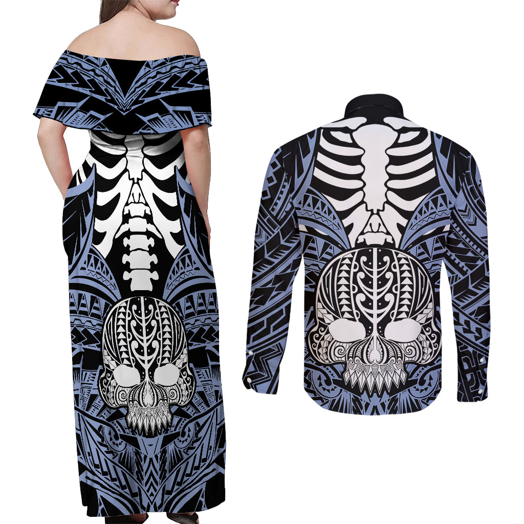 Personalised Polynesia Skull Couples Matching Off Shoulder Maxi Dress and Long Sleeve Button Shirts With Boars Tusk Blue Arty Vibe LT9 - Wonder Print Shop