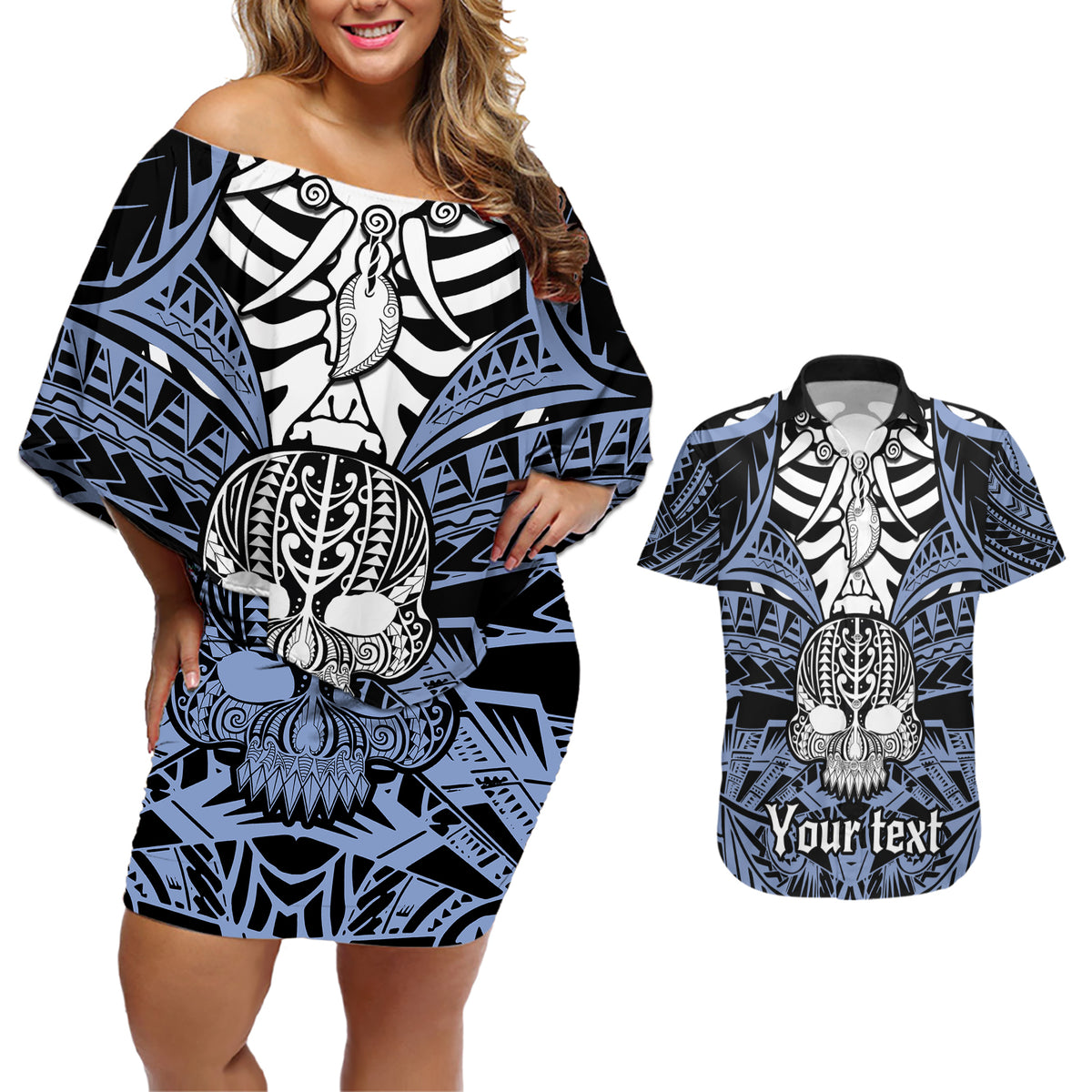 Personalised Polynesia Skull Couples Matching Off Shoulder Short Dress and Hawaiian Shirt With Boars Tusk Blue Arty Vibe LT9 - Wonder Print Shop