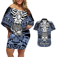 Personalised Polynesia Skull Couples Matching Off Shoulder Short Dress and Hawaiian Shirt With Boars Tusk Blue Arty Vibe LT9 - Wonder Print Shop