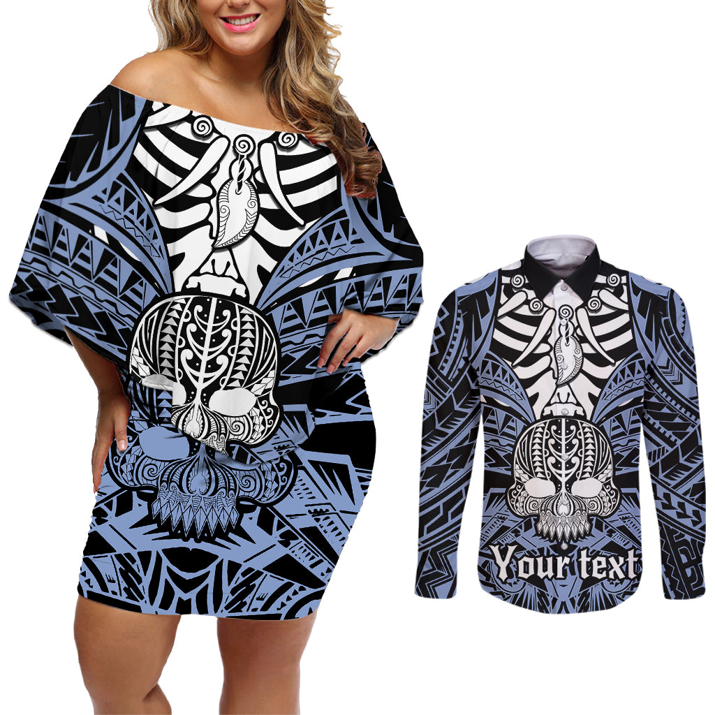 Personalised Polynesia Skull Couples Matching Off Shoulder Short Dress and Long Sleeve Button Shirts With Boars Tusk Blue Arty Vibe LT9 - Wonder Print Shop