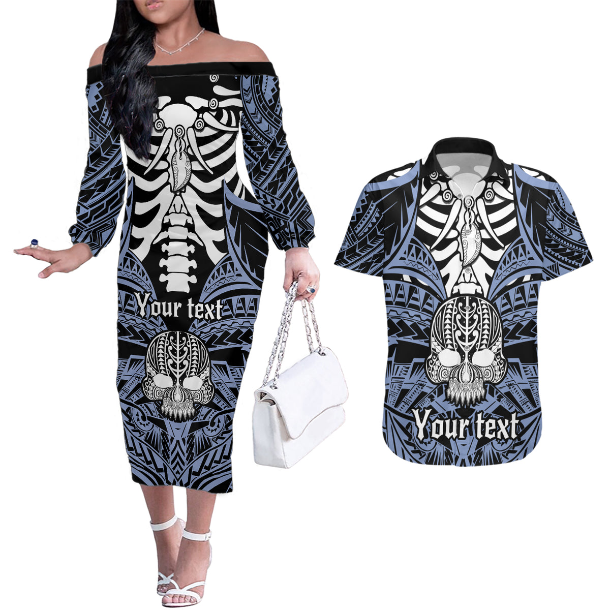 Personalised Polynesia Skull Couples Matching Off The Shoulder Long Sleeve Dress and Hawaiian Shirt With Boars Tusk Blue Arty Vibe LT9 - Wonder Print Shop