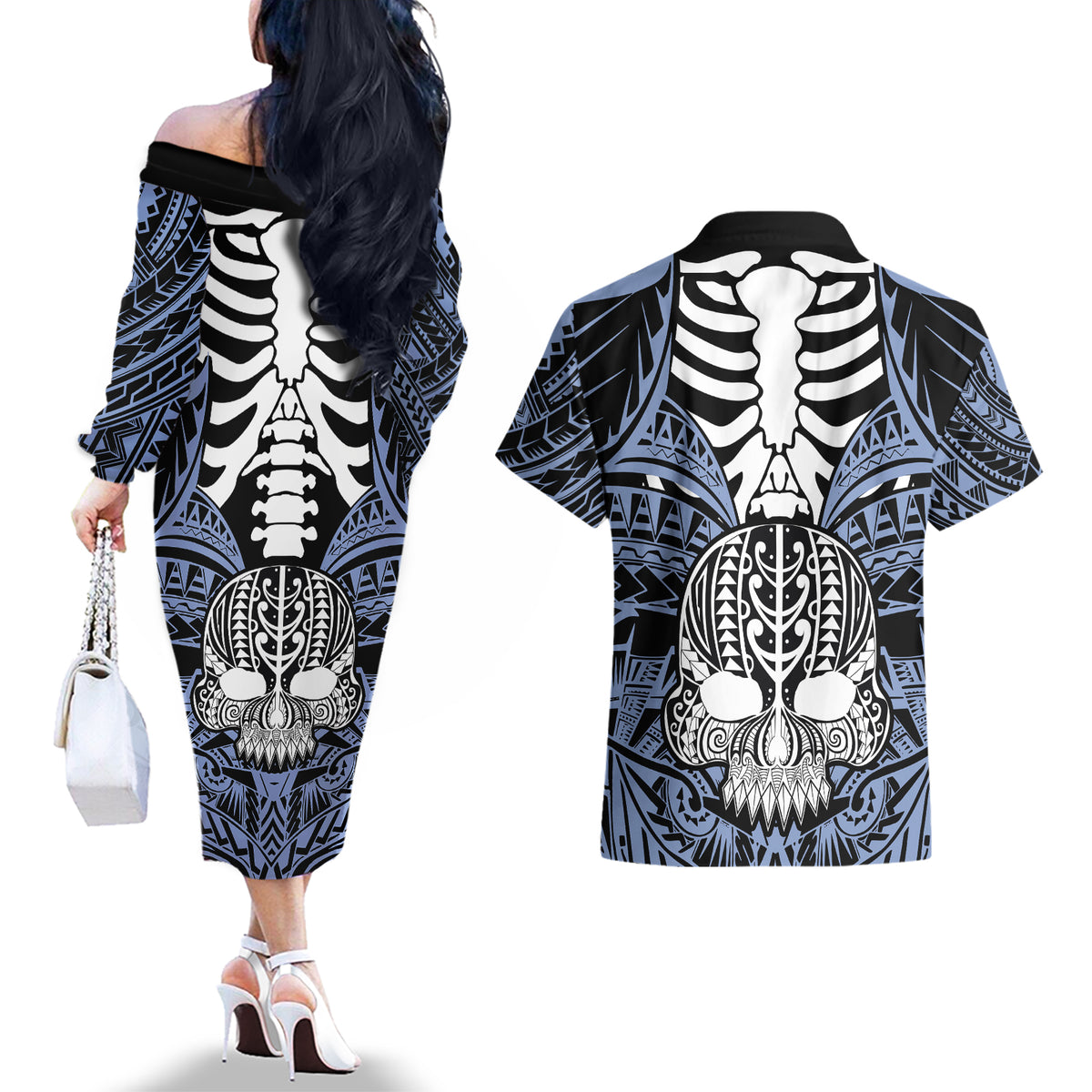 Personalised Polynesia Skull Couples Matching Off The Shoulder Long Sleeve Dress and Hawaiian Shirt With Boars Tusk Blue Arty Vibe LT9 - Wonder Print Shop