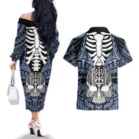 Personalised Polynesia Skull Couples Matching Off The Shoulder Long Sleeve Dress and Hawaiian Shirt With Boars Tusk Blue Arty Vibe LT9 - Wonder Print Shop