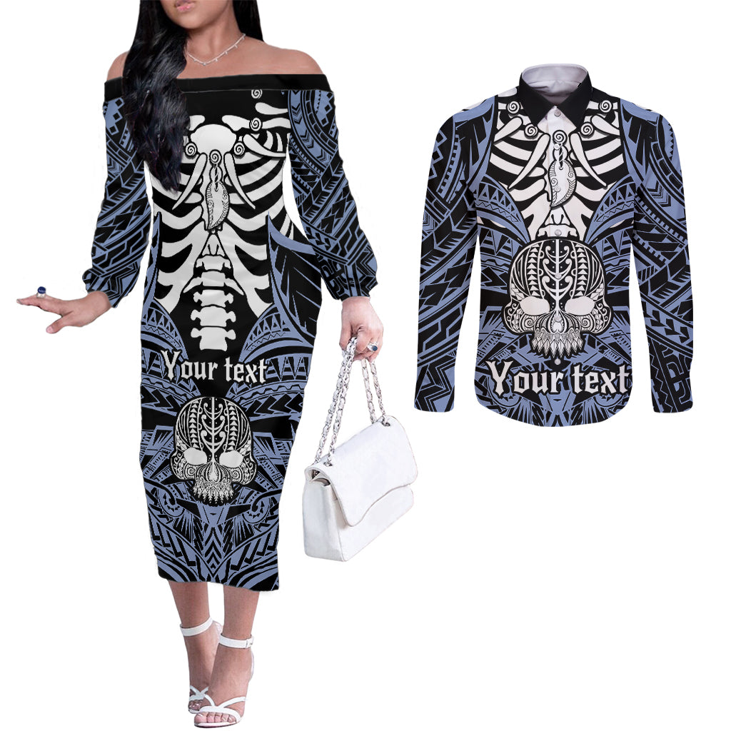personalised-polynesia-skull-couples-matching-off-the-shoulder-long-sleeve-dress-and-long-sleeve-button-shirts-with-boars-tusk-blue-arty-vibe