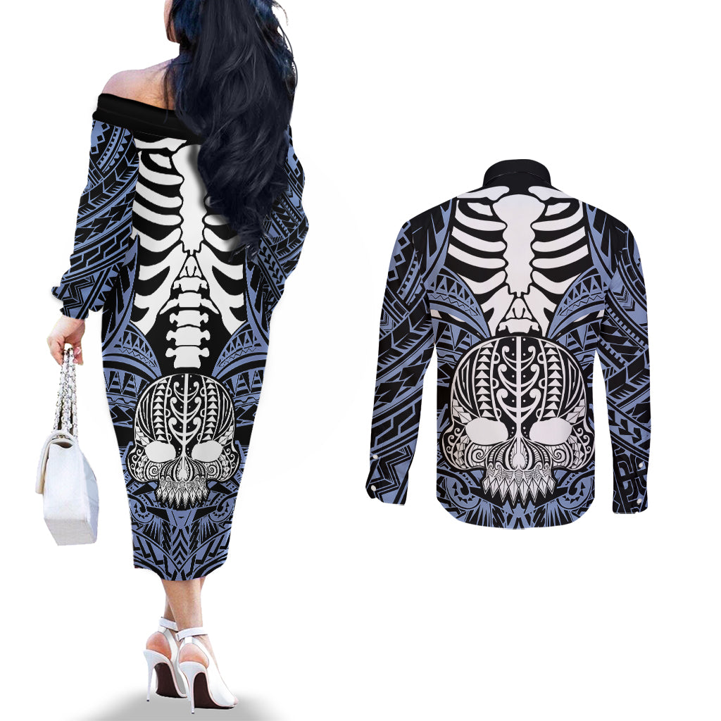 personalised-polynesia-skull-couples-matching-off-the-shoulder-long-sleeve-dress-and-long-sleeve-button-shirts-with-boars-tusk-blue-arty-vibe